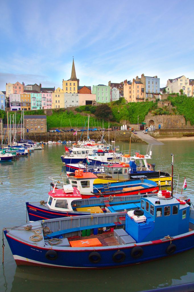 Colourful boats in a line in Tenby Harbour contrasting with the colours of the buildings.